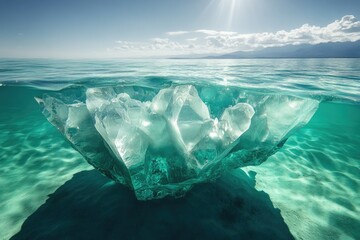 Fototapete - A stunning underwater view of a large, translucent ice formation in a pristine turquoise lake, bathed in sunlight.