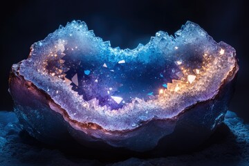 Poster - A mesmerizing geode with vibrant blue and purple crystals, glowing with inner light.