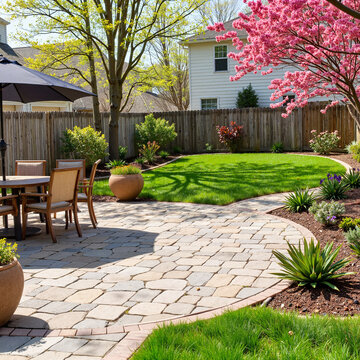 vibrant garden patio renovation with spring blossoms, outdoor beauty