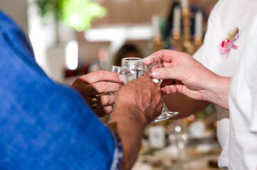 Close-up shot of several hands raising glasses filled with a transparent drink during a toast. The background is blurred, suggesting a celebratory gathering.