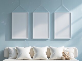 Wall Mural - Three blank frames above a white bench with cushions and a teddy bear in a light blue room