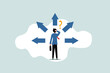 © NASIH - Business decision making, career path, work direction or leadership to choose the right way to success concept, confusing businessman manager looking at some road signs and thinking about where to go.