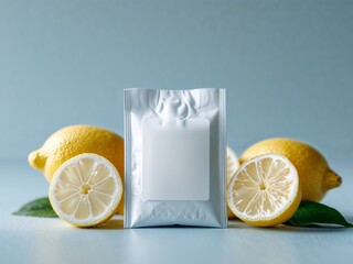 Wall Mural - mockup of craft tea bag with blank white label and fresh lemons on blue background.