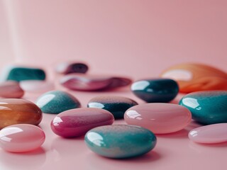 Wall Mural - Frame of smooth colorful stones arranged on a pink background