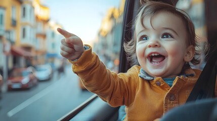 Excited young child with a big smile pointing enthusiastically out the car window as the family drives through a vibrant city landscape filled with buildings streets and the motion of urban life