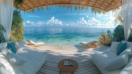 Wall Mural - a luxurious tropical beach with a stunning view of crystal-clear turquoise ocean water and a vibrant