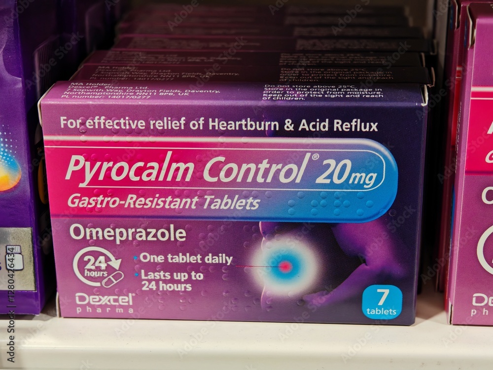 Reflux Inhibitor London,UK-March 5 2025:PYROCALM CONTROL OMEPRAZOLE DEXCEL PHARMA is a ...