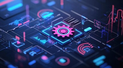 Wall Mural - futuristic digital network with neon gear icon representing technology and innovation in a high-tech