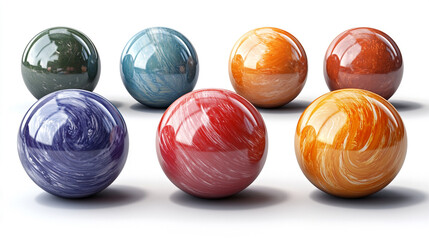 Wall Mural - Collection of glossy spheres. These textured orbs in green, blue, purple, red, orange, and brown colors shimmer and reflect the light.