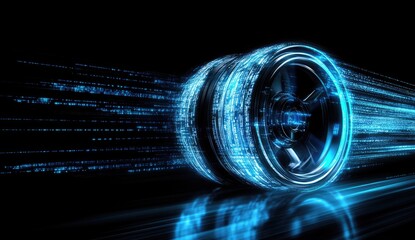 Futuristic tire, motion, digital code, dark background