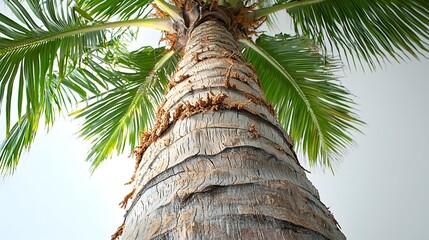 Wall Mural - Closeup view of the textured patterned trunk of a tropical coconut palm tree showcasing its lush green foliage and sprawling leaves against a plain white background