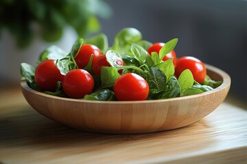 Canvas Print - Minimalist organic salad, vibrant greens, cherry tomatoes, on wooden plate.