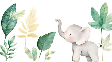 Canvas Print - Watercolor Illustration Cute Baby Elephant and Tropical Leaves