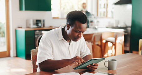 House, typing and black man with tablet, internet and connection with communication. African person, apartment and guy with technology, network and digital app for social media, message and contact
