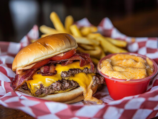 Wall Mural - 
two sliced of beef in burger with melting cheddar cheese, extra bacon, tomatoes and cheddar dip on the side with fries,