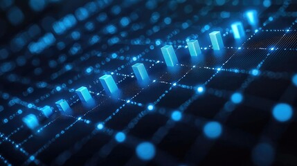 Wall Mural - Digital background with a blue bar graph and line chart showing stock market growth or market exposure, financial elements on a dark background.