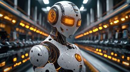 Aufkleber - An intelligent robot on a factory production line, where it is assembling parts.