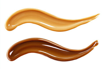 Wall Mural - Two streams of glossy caramel colored liquid in light and dark brown hues flowing horizontally in sinuous shapes against a white backdrop.