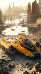 Wall Mural - Yellow Spaceship Landed on Alien Planet Desert Landscape