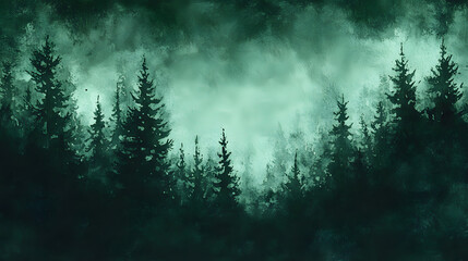 Wall Mural - Dark green watercolor texture depicting a night sky with fir trees. Dark green and black background.