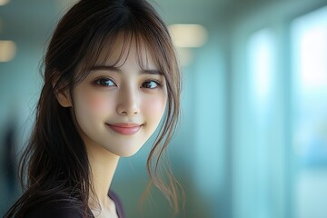 Beautiful and smiling Japanese women in 30s. The setting is a modern, bright office environment. She is professionally dressed and exudes a confident and cheerful demeanor.