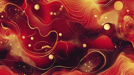 Wall Mural - A red background with glowing golden swirls and abstract shapes