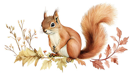 Sticker - Watercolor Illustration Squirrel and Nature Elements