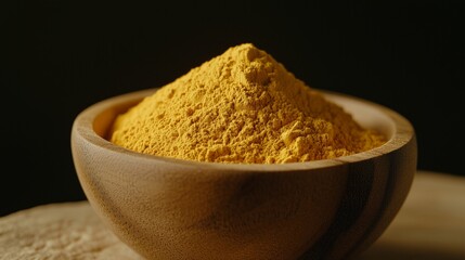 Wall Mural - Wooden bowl filled with bright yellow turmeric powder on dark background