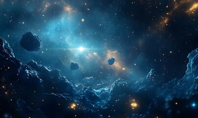 Wall Mural - a futuristic cosmic landscape with deep blue tones, glowing nebulas, and floating asteroids, generat