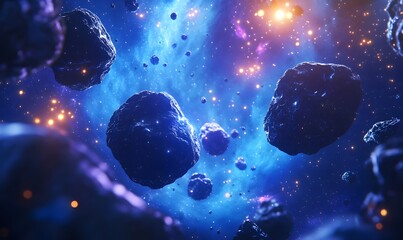 Wall Mural - a futuristic cosmic landscape with deep blue tones, glowing nebulas, and floating asteroids, generat