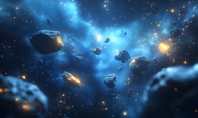 Wall Mural - a futuristic cosmic landscape with deep blue tones, glowing nebulas, and floating asteroids, generat