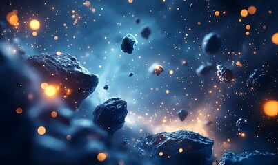 Wall Mural - a futuristic cosmic landscape with deep blue tones, glowing nebulas, and floating asteroids, generat