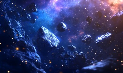 Wall Mural - a futuristic cosmic landscape with deep blue tones, glowing nebulas, and floating asteroids, generat