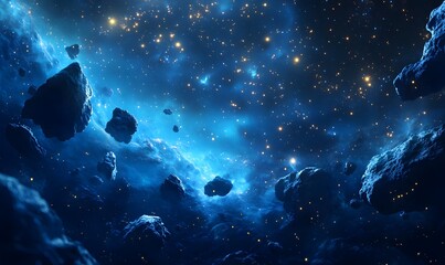 Wall Mural - a futuristic cosmic landscape with deep blue tones, glowing nebulas, and floating asteroids, generat