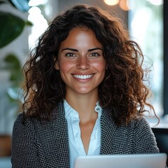 Aufkleber - A confident and joyful businesswoman sitting in a sleek, modern office. She smiles while looking at her laptop.
