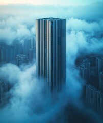 Poster - A tall skyscraper emerging from the clouds, a futuristic building made of chrome and glass with vertical stripes, seen from above, in a foggy atmosphere.