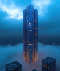 Aufkleber - A tall skyscraper emerging from the clouds, a futuristic building made of chrome and glass with vertical stripes, seen from above, in a foggy atmosphere.