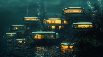 Wall Mural - underwater futuristic homes night scene digital art