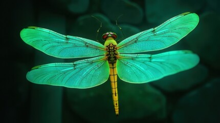 Glowing Neon Dragonfly Wings in Green and Teal Hues