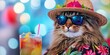 © Brian - cat wearing hat and sunglasses, hawaiian shirt, tropical cocktail, summer vacation, beach,