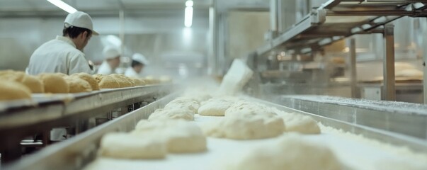 Wall Mural - efficient industrial bread production line showcasing automated processes and fresh baked goods in a