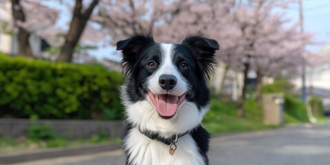 Sticker - A black and white dog is smiling and looking at the camera. The dog is wearing a collar and is standing on a sidewalk