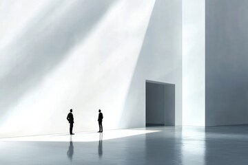 Aufkleber - Two silhouetted figures negotiating amidst expansive white architecture in a modern space during daylight. Generative AI