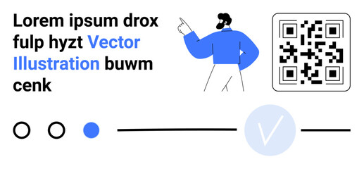 QR code adjacent to a character pointing to placeholder text, contrasting with blue highlights. Ideal for digital communication, verification processes, service guides, tutorials, online