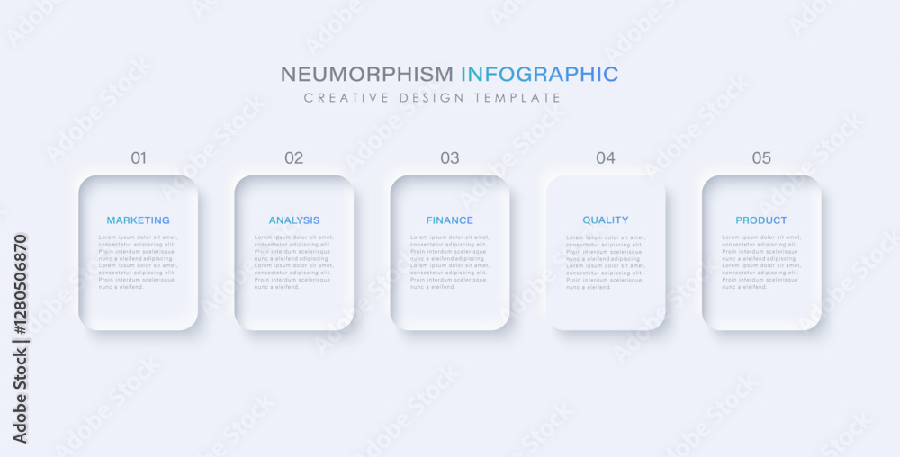 Neumorphism design infographic, 5 step timeline illustration. Minimal ...