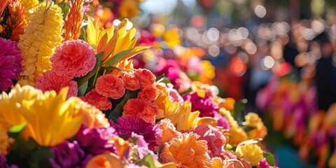 Wall Mural - Vibrant flowers adorning a parade float in california sunlight