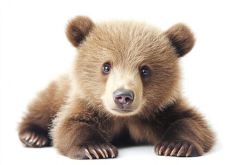 Aufkleber - Cute brown bear cub lying on a white background with soft fur and curious expression looking directly at the observer. Generative AI