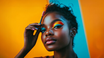 Black teenage girl in wheelchair creatively applying vibrant eyeshadow at a beauty workshop