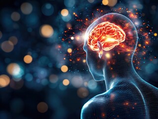 Poster - Glowing Brain Connections in Digital Human Silhouette Concept
