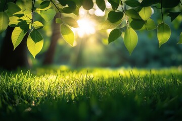 Wall Mural - Bright Green Leaves Glistening Under Sunlight Near Lush Grass on a Clear Day in a Serene Park